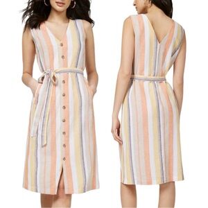 NY&C Linen Blend Striped Button Down Sleeveless V Neck Tank Dress Lightweight